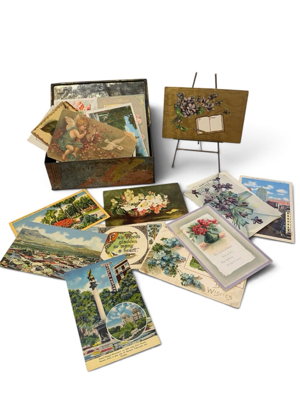 20 Antique Postcards -Antique Tin Chocolate Box - Antique Brass Easel